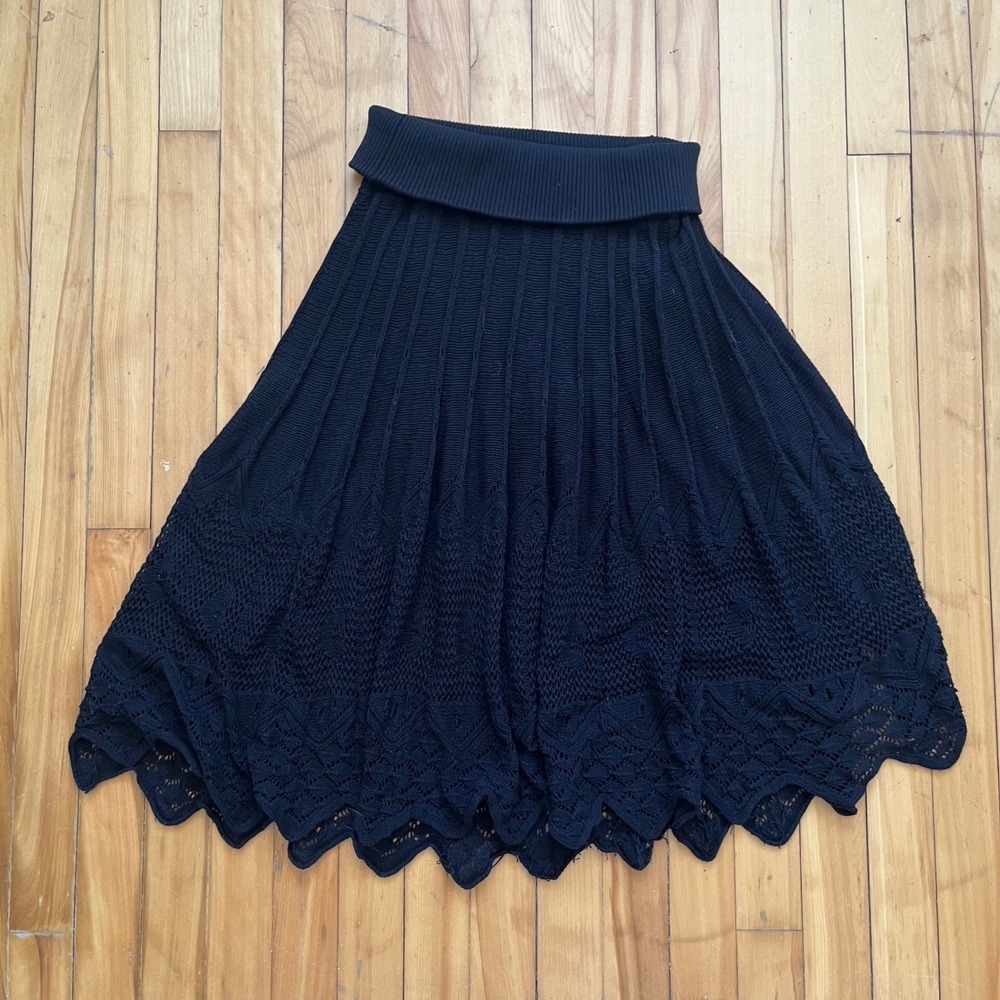 Essentiel Antwerp Black Knit Midi Skirt Crochet Fold Over Waist Flared